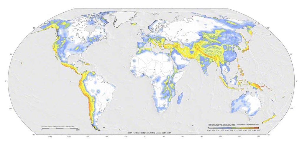 地球上地震的概率最高的地区。来源:全球地震模型