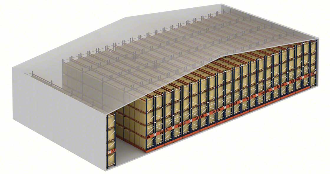 Diagram showing the increased storage space capacity of the mobile racking systems with the Movirack shelves