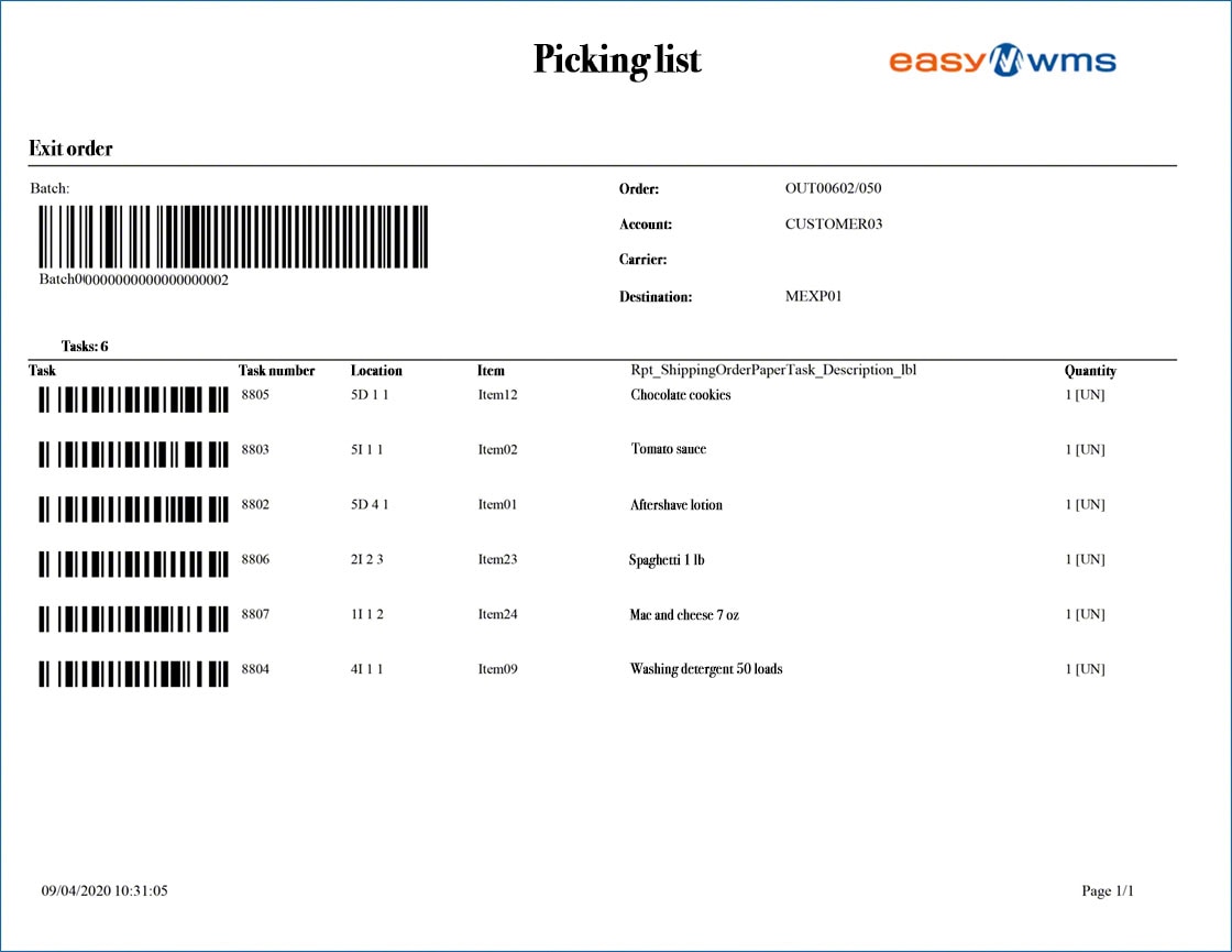 Example of a picking list generated by the Easy WMS warehouse management system