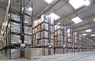 Industrial racks in a warehouse