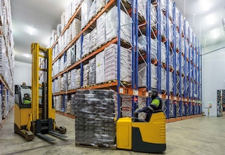 Operator driving a forklift truck in a cold storage warehouse
