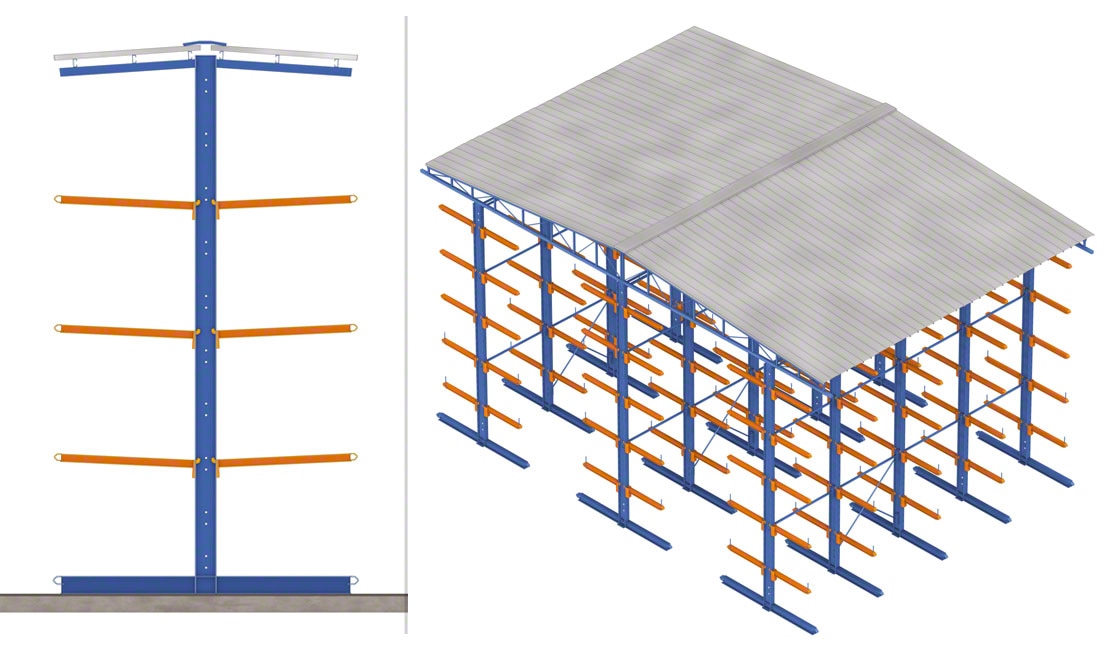 Outdoor cantilever racks for long loads feature accessories such as roofing