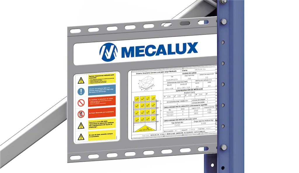 The safe load warning notice is a safety component that displays the specific details for each pallet rack