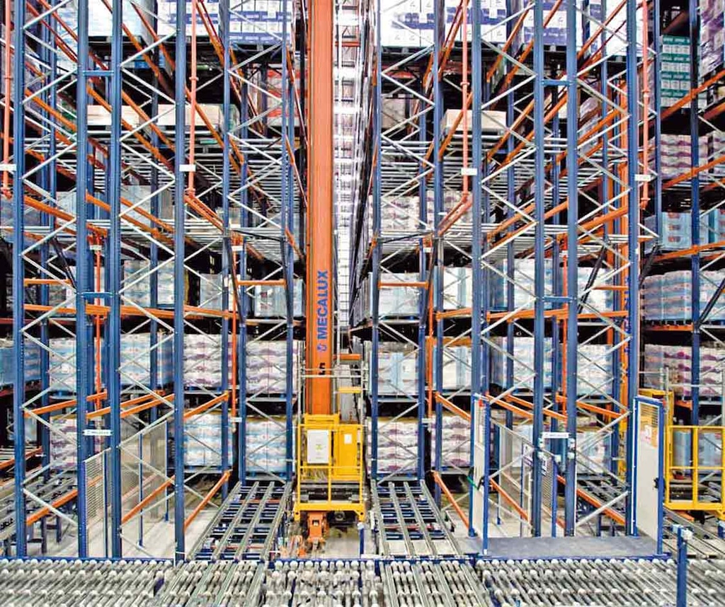 Stacker crane working in an automated warehouse