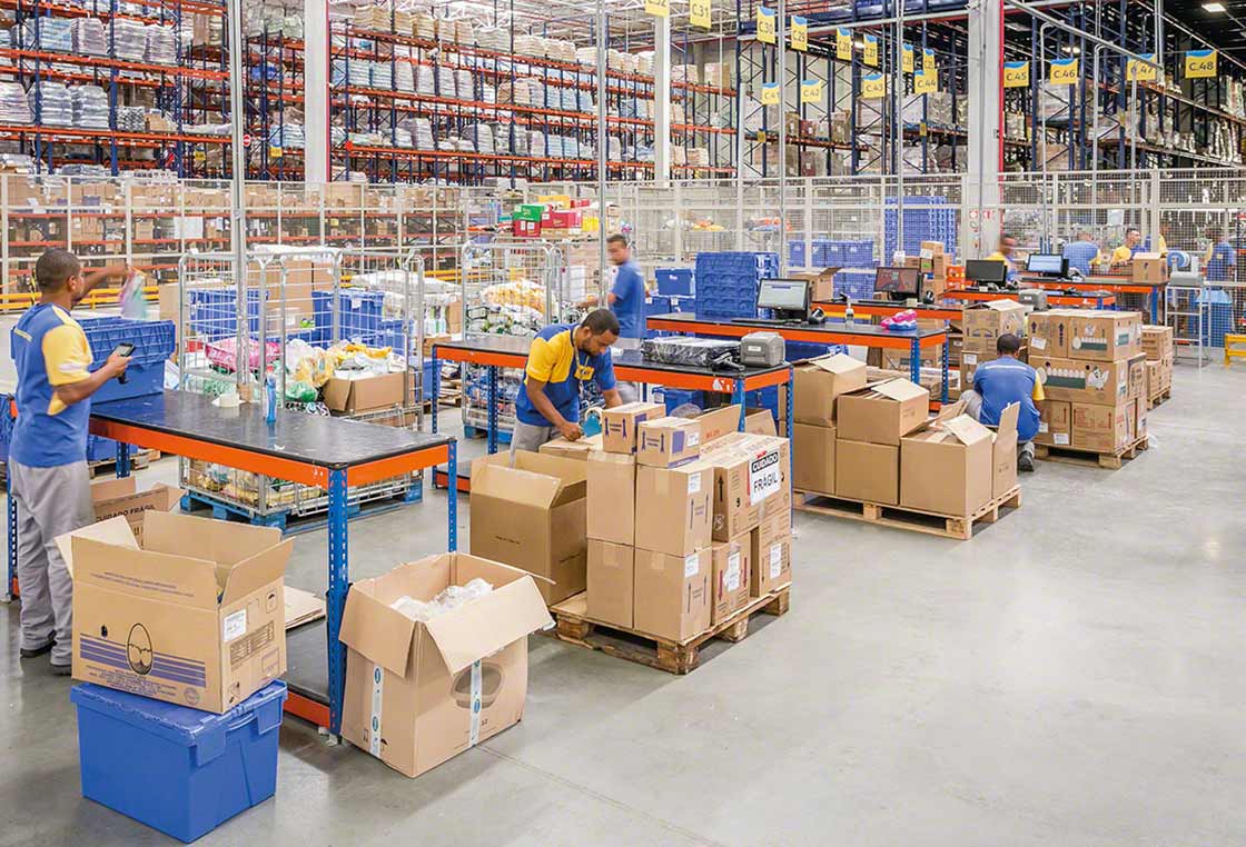 Employees working as a team in a warehouse