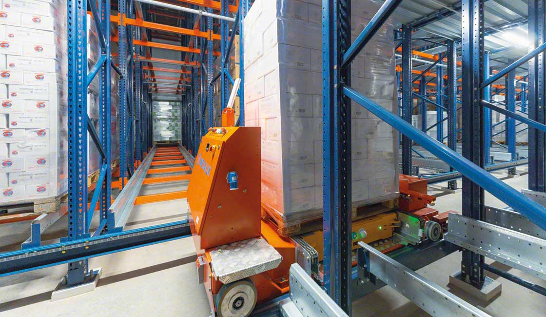 The automated Pallet Shuttle system combines transfer cars with motorized shuttles