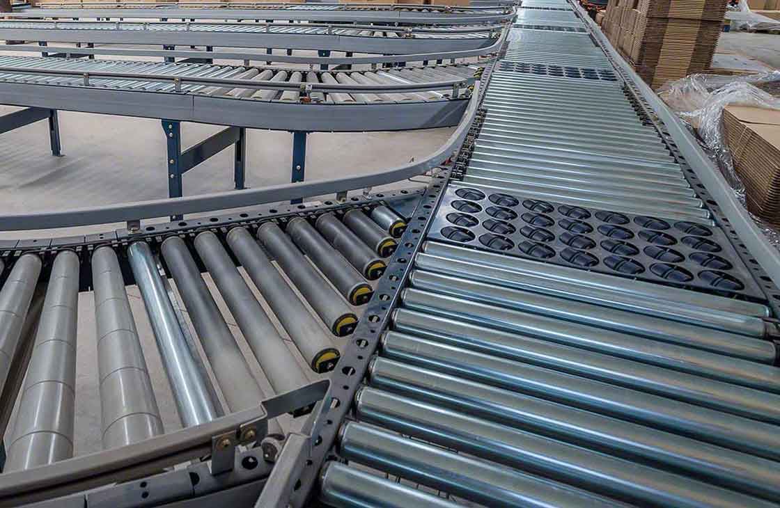 An up-close view of a roller conveyor (automated storage system)