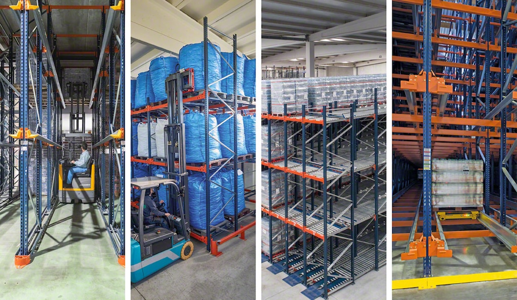 Four compact storage systems: drive-in, push-back, pallet flow, and Pallet Shuttle