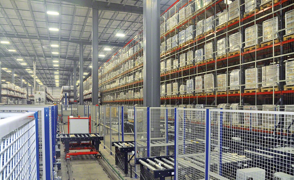 The warehouse has 10 conveyor lines connected by the pallet transfer shuttle