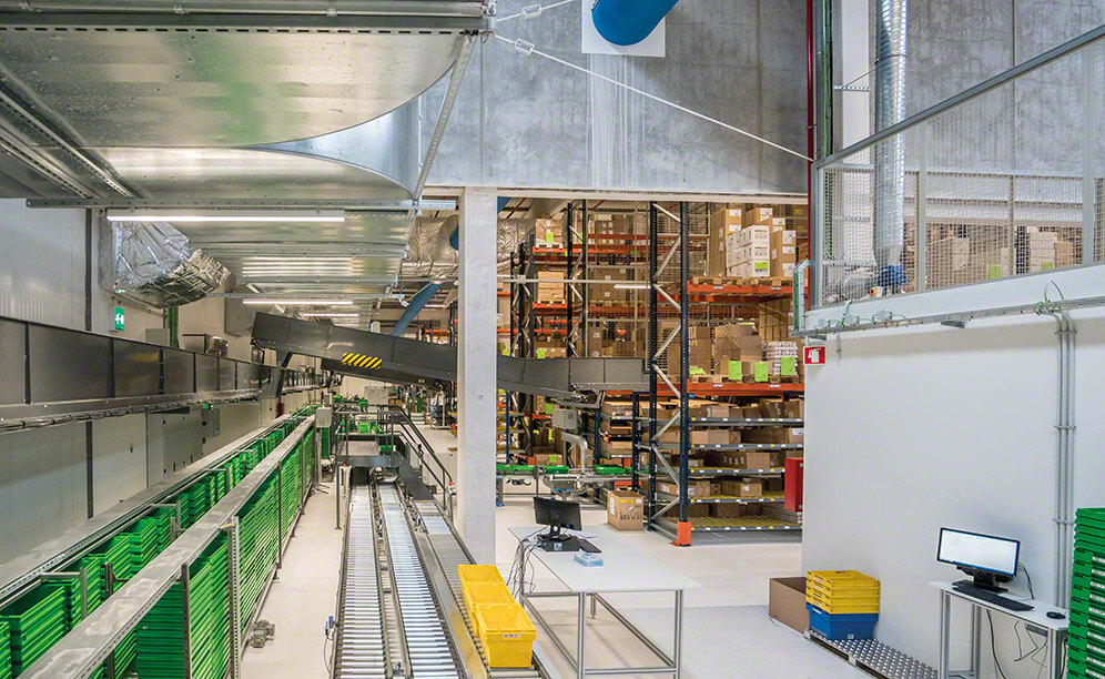 A conveyor circuit links the different areas of the centre and moves prepared orders to the consolidation and dispatch area A conveyor circuit links the different areas of the centre and moves prepared orders to the consolidation and dispatch area