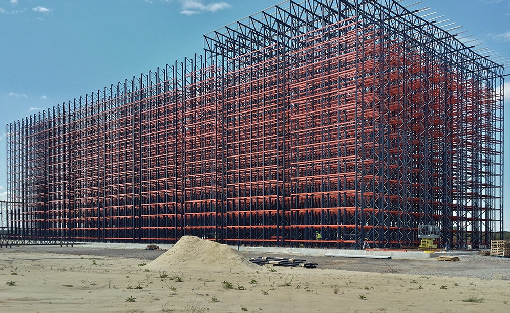 The warehouse is 82’ high, 318’ long and 115’ wide and consists of eight aisles