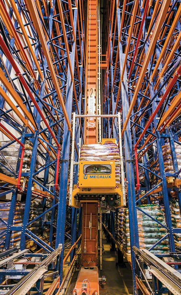 In each aisle, a single-mast stacker crane is tasked with moving products inside