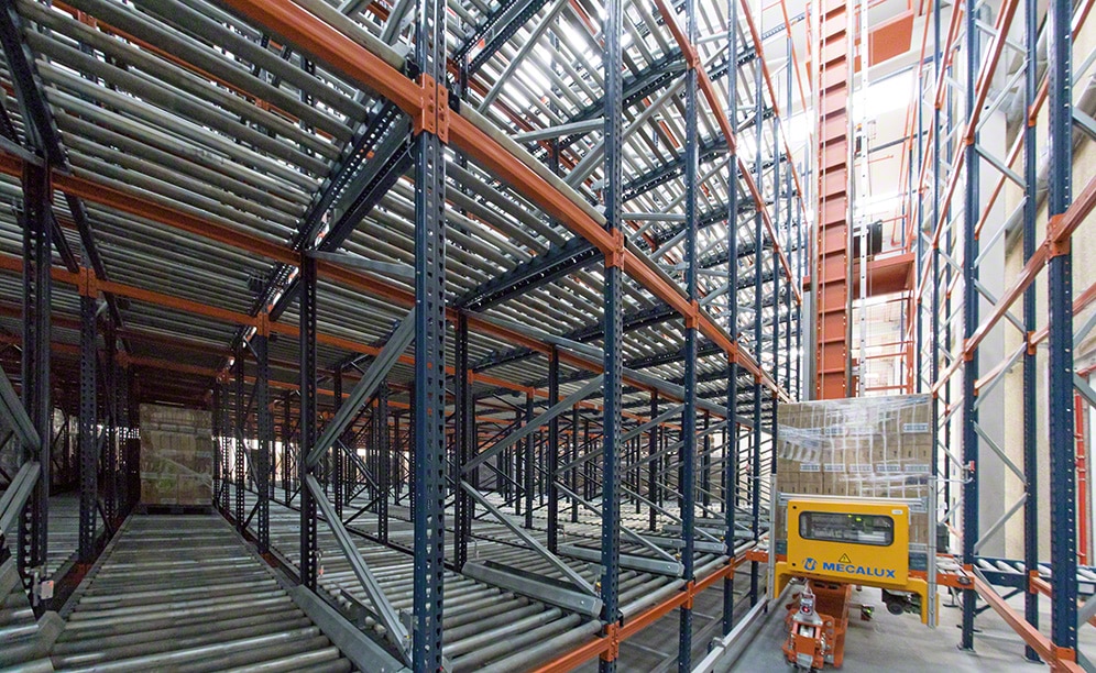 Flow racks hold chemical products and operated by a stacker crane