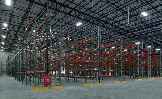 There are four beam levels at two pallets per level and 10 aisles that are 10 ft each