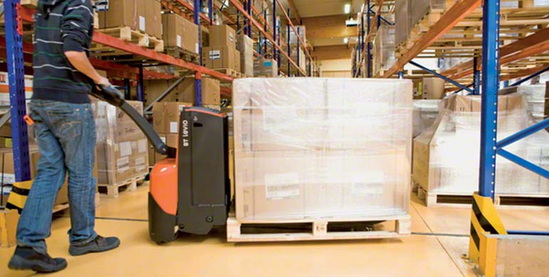 The motors in the electric pallet jack are used to both move and raise the pallet off the floor.
