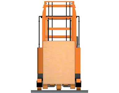Reach truck with a pallet inside its chassis