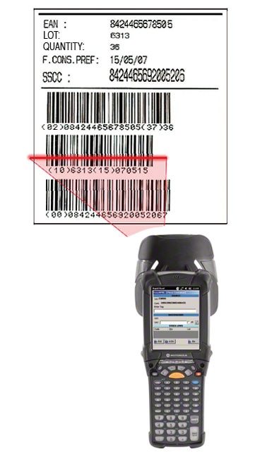 Example of an EAN-128 warehouse barcode label that identifies the pallet, the product it contains and the characteristics of said product.