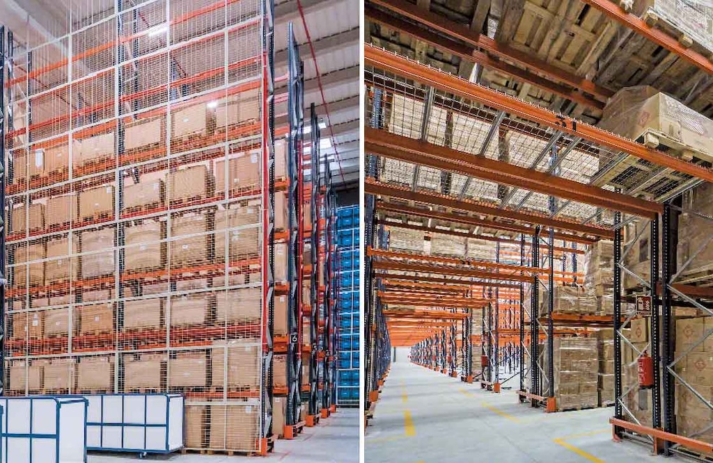 Fall-prevention mesh is fixed to the back of the pallet racks or above cross-passages Fall-prevention mesh is fixed to the back of the pallet racks or above cross-passages