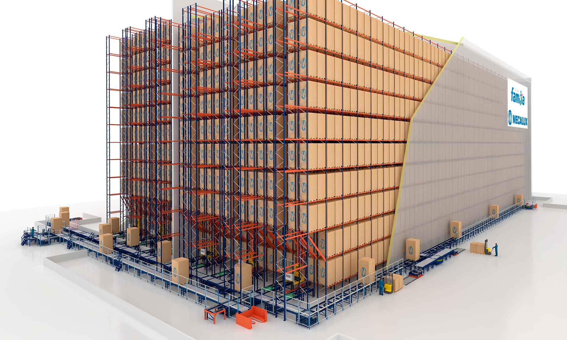 Grupo Familia warehouse can accommodate 19,000 pallets and workflows of 140 combined cycles per hour. Grupo Familia warehouse can accommodate 19,000 pallets and workflows of 140 combined cycles per hour.