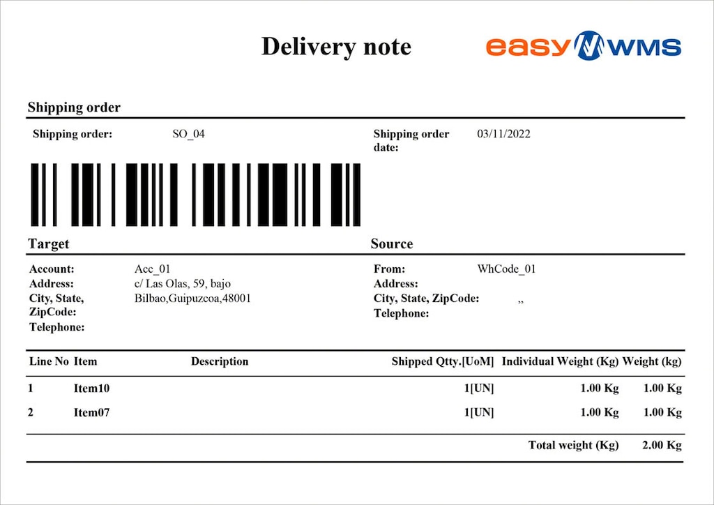 Example of a digital delivery note generated by Interlake Mecalux’s Easy WMS warehouse management system