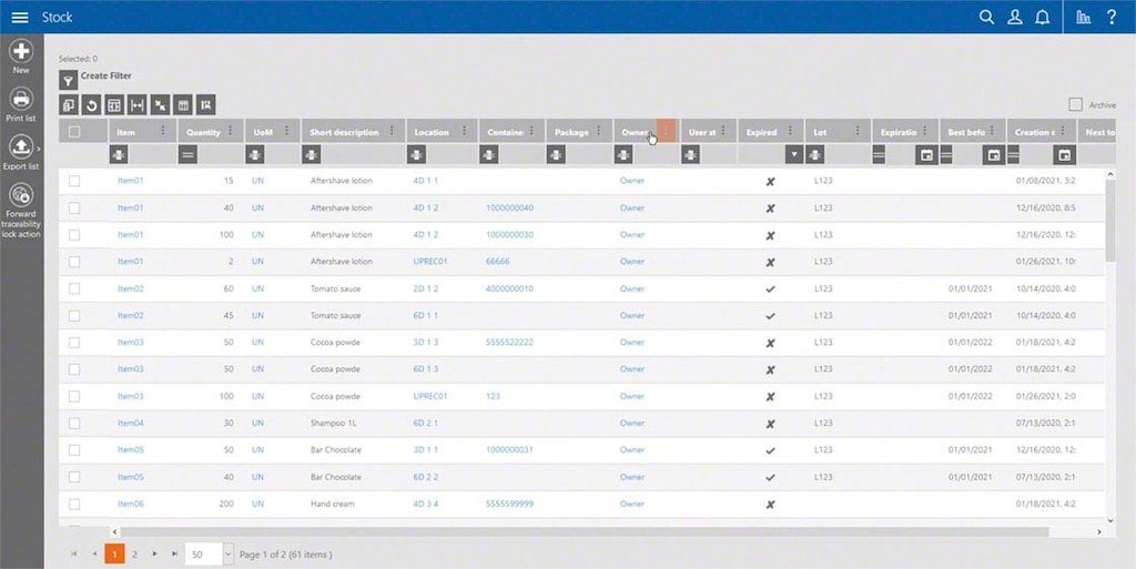 Screenshot of Easy WMS displaying the list of stock available in the warehouse