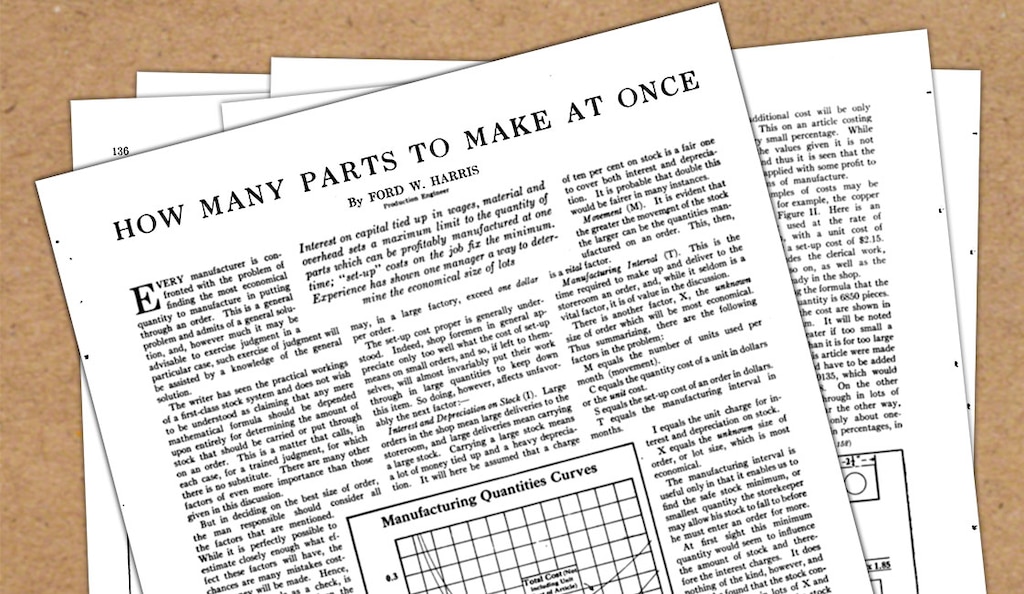 Production engineer Ford Whitman Harris introduced the concept of EOQ in Factory magazine in 1913