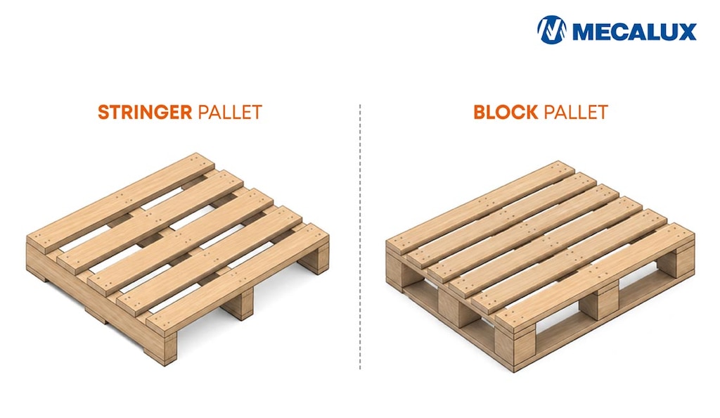 Block pallets use evenly distributed blocks, while stringer pallets feature parallel boards sandwiched between the top and bottom deckboards