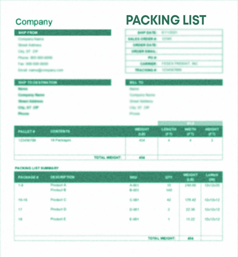 A packing list includes product types, quantities, volume, size, and packaging