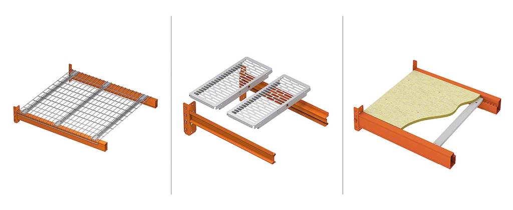 Rack beams with different types of shelving: wire mesh (left), metal (middle), and wooden (right)