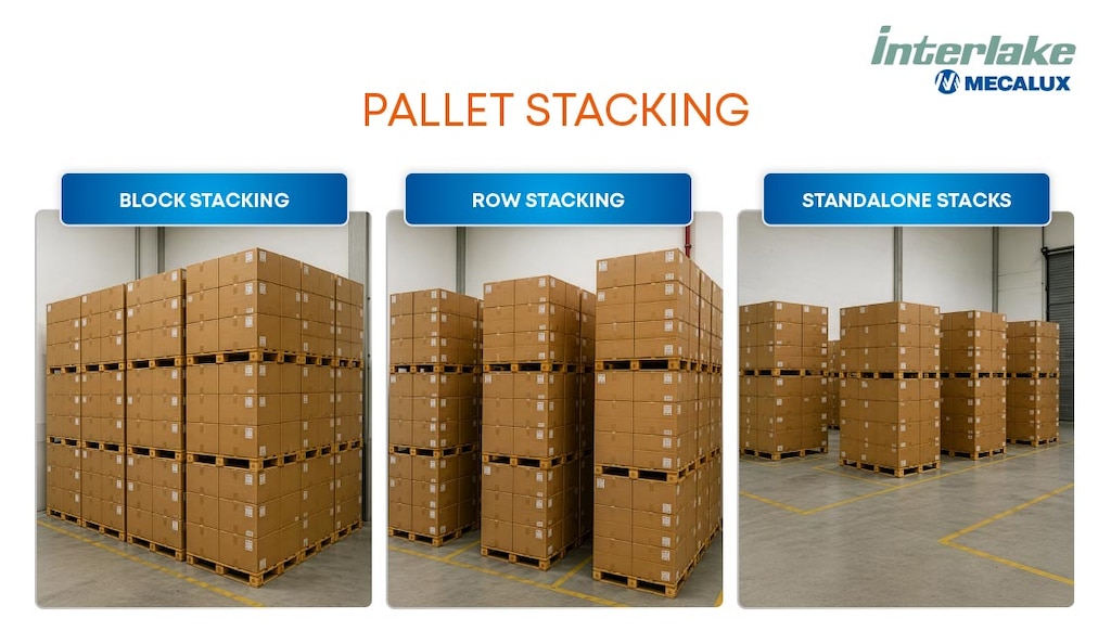 Pallets can be stacked in compact blocks, in rows, or as standalone stacks