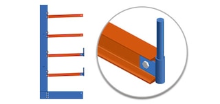 Arm stops prevent loose loads from falling in a cantilever shelving system