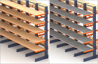 In a cantilever rack, continuous shelving can be placed on cantilever arms