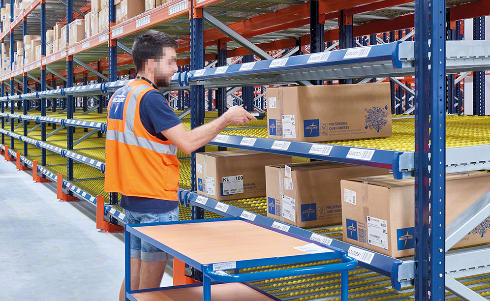Medline uses levels of carton flow racks to manage returns