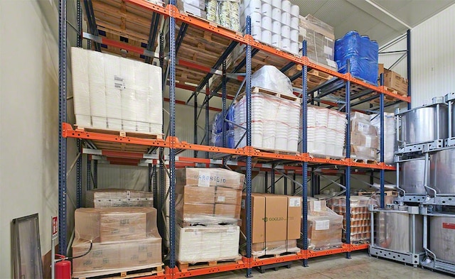 Push-back racks in the Nocciole Marchisio warehouse in Cortemilia, Italy