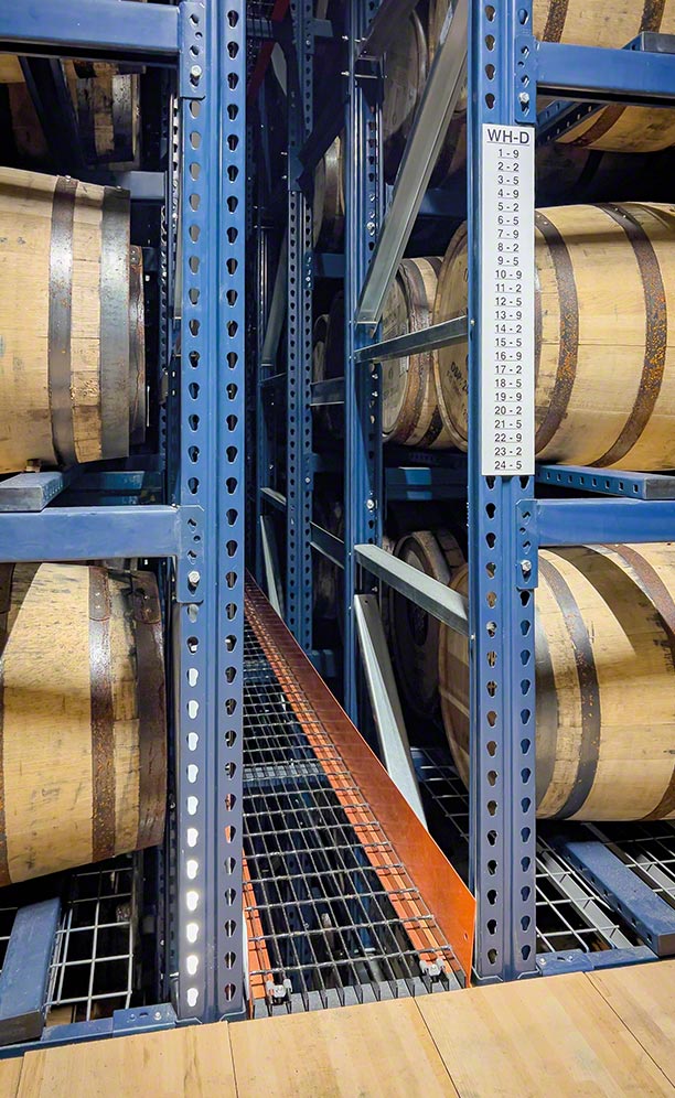 Barrel racks in Rabbit Hole Distillery’s rickhouse in Louisville