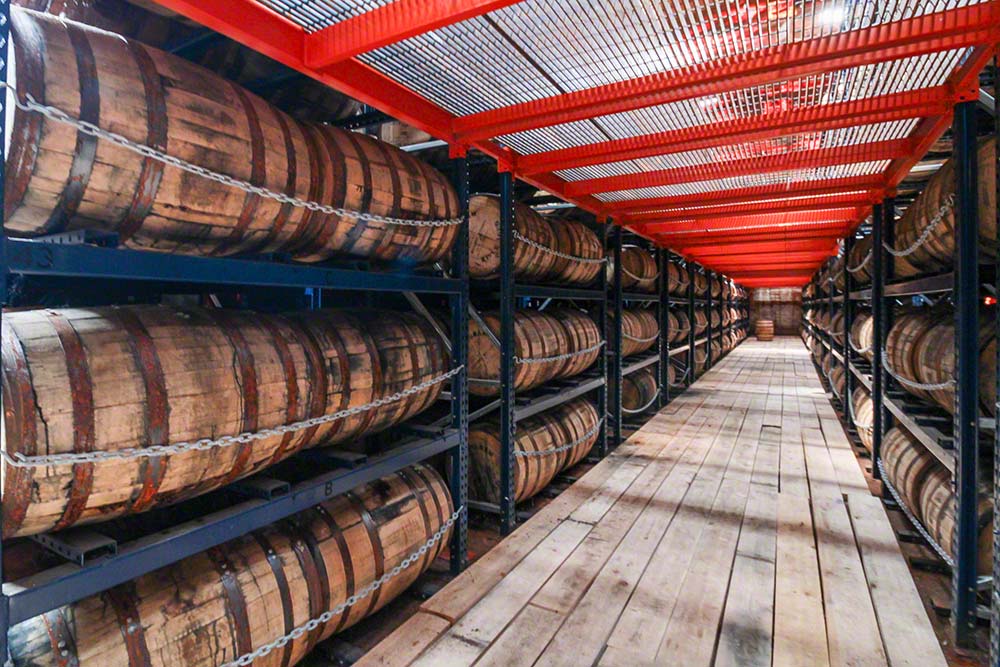 Racks for barrels and casks in Ingram Whiskey’s floating rickhouse