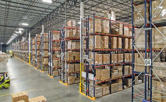 The pallet racks facilitate the management of products of a major US airline