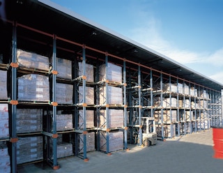 The drive-in pallet rack system can also be used outdoors