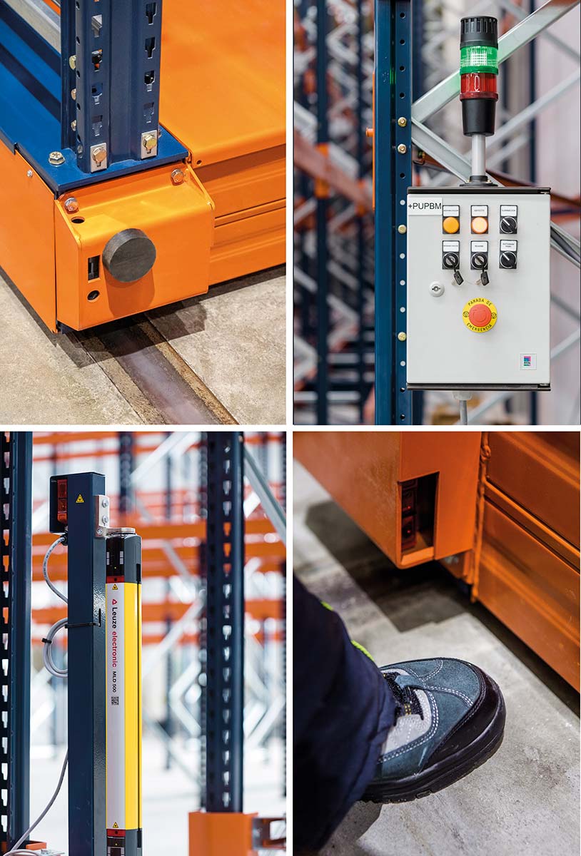 Movirack pallet racking has multiple safety features to prevent accidents: reset buttons, emergency stop...
