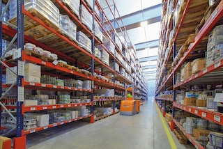 Pallet racks with shelving on the lower levels for order picking