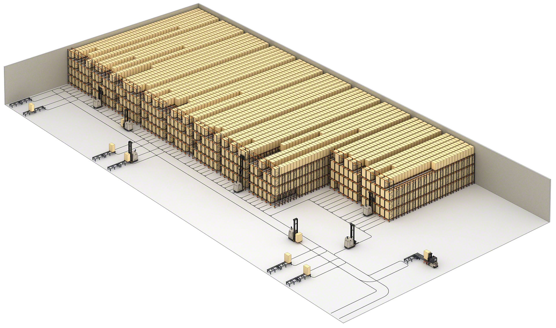 The Pallet Shuttle system can work with AGVs to fully automate a warehouse