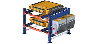 The charging rack stores and charges the Pallet Shuttle cars