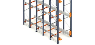 Shuttle racking is made up of beams, uprights, and rails