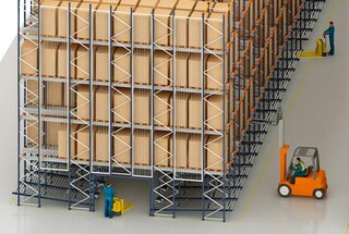 Pallet Shuttle system with pallet flow racking on the lower levels