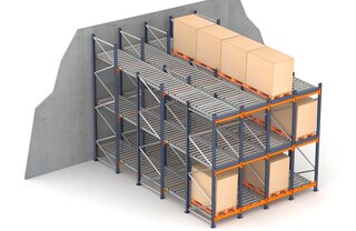 Push-back pallet racking with rollers shares the same main components as pallet flow racking