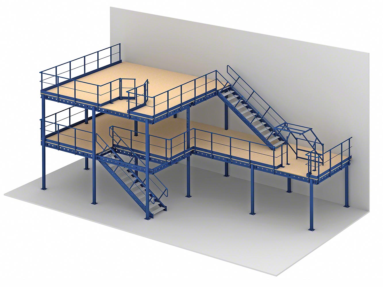 Two level mezzanine with up and over gate, staircases and a third-level safety swing gate.