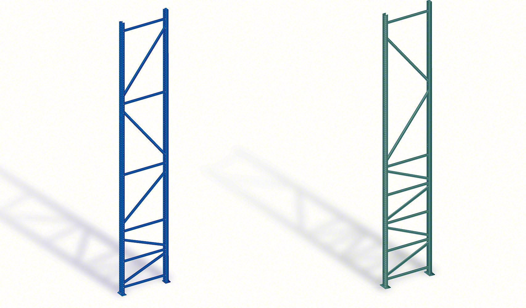 Pallet racking with welded (blue) or bolted (green) frames